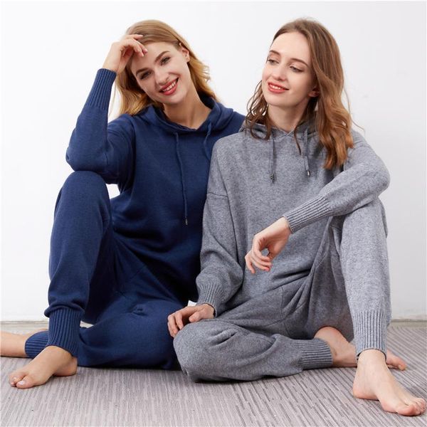 women's two piece pants solid knit suit autumn winter hooded sweater slim casual ladies two-piece set female outfit, White